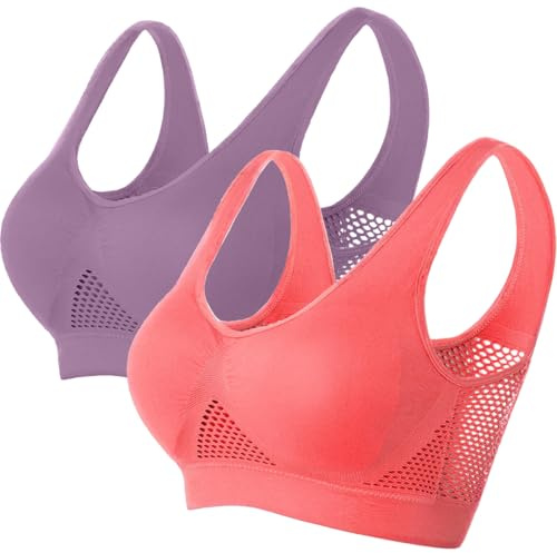 Memoryee Vadderad sport-BHS dam medelstort grepp stora storlekar för stora bröst push-up sömlös andas för yoga löpning crop top, Röd + grå, L
