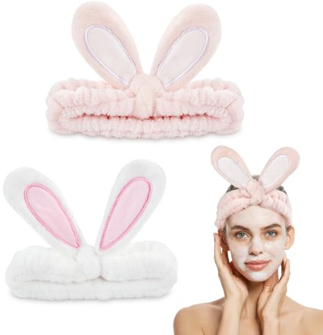 2 Stück Haarband Kosmetik, Hasen Ohren Stirnband für Damen Mädchen, Weiches Korallenvlies Haarbänder für Make Up, Spa,Beauty, Waschen Gesicht,Yoga, Sport (Weiß+Rosa)
