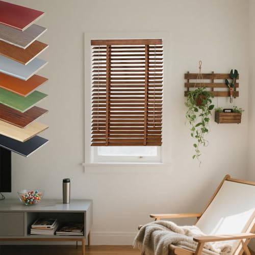 2 Inch Real Wood Blinds for Windows Indoor, Custom Size Wooden Venetian Blind Cordless, Privacy Light Control Horizontal Window Shades for Bedroom, Living Room, Office, Wide 15-77in(Walnut Brown)