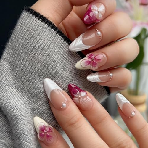 JUSTOTRY 24 Stück Rot Blumen Nägel Zum Aufkleben Kurz,Weiß Mandel Press on Nails mit 3D Sculpting Metallic Muster,Glossy Oval Kunstnägel Mittel,French Kunstnägel zum Aufkleben für Frauen