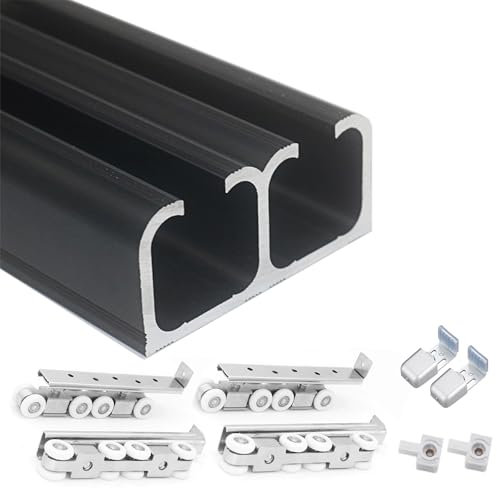 Kit de riel para puerta corredera resistente para 2 puertas, herrajes extralargos de 120 cm con sistema de cierre suave para armarios de patio, doble riel invisible (negro)