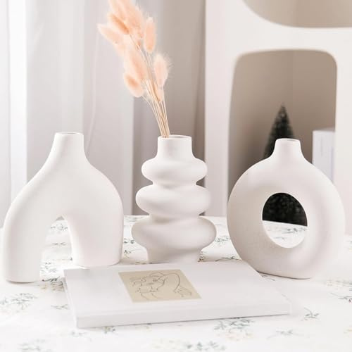 Set di 3 vasi in ceramica bianca per decorazioni moderne, vasi di fiori neutri in stile bohémien nordico minimalista per matrimoni, tavolo da pranzo, feste, soggiorno, ufficio o camera da letto