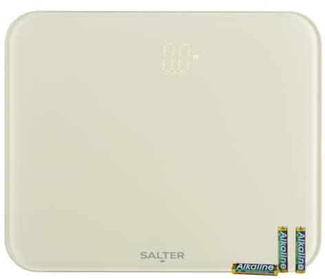 Salter Halo Electronic Scale – LED Easy-Read, Hidden till Lit Display, Toughened Glass Platform, 180KG/400lbs Capacity, KG/ST/lbs, Carpet Feet Included, Step on Weight Reading, Cream