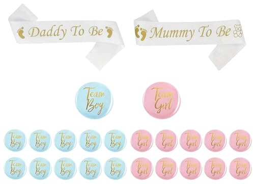 30 Stück Geschlecht Offenbar Button 2 Stück Baby Shower Schärpe | Team Boy und Team Girl Deko für Gäste Deko zur Geschlechterenthüllung für werdende Eltern