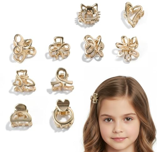 Eclove 10 Stück Mini Haarspangen aus Metall, Kleine Haarspangen Gold Haarklammer in Niedlichen Designs wie Schmetterling, Blume, Schleife, Herz, Katze, Haarschmuck für Damen und Mädchen
