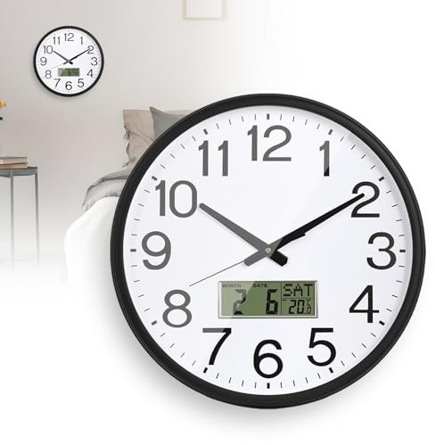 SUNOYA Lautlos Wanduhr, Wanduhr Mit Temperaturanzeige, Funk-Wanduhrs Digital, 32cm Digitale Beleuchtetes LCD Mit Temperatur & Wochentag Für Wohnzimmer Schlafzimmer Büro Küche