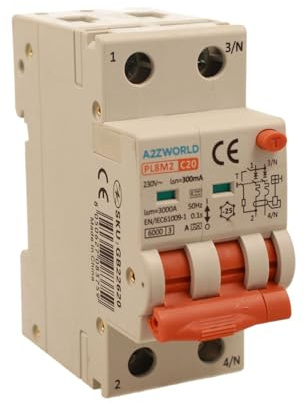 Interruttore Differenziale Magnetotermico Tipo A 300mA 20A C20, Bipolare 2P (NO 1P+N), Curva C 6kA, Doppio Leva con Diagnostica Visiva, 2 Moduli DIN, Serie PL8M2