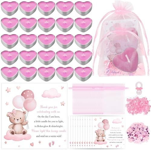 Defresit 50 Sets de Velas de Té para Baby Shower como Regalos para Invitados, Lindos Regalos para Baby Shower de Niña con Tarjetas de Agradecimiento, Regalos para Fiesta de Revelación de Género (Rosa)
