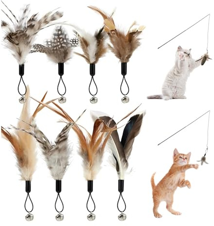 HMCEY 8 Piezas Juguete de Plumas para Gatos,Caña de Pescar Retráctil para Gatos con Campanas,Cat Toy Feather,Pluma de Repuesto Natural para Gato,Juguetes Interactivos Gato para Movimiento y Juego