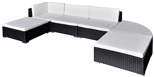 RMIHSJG Salon de jardin 6 pièces avec coussins en polyrotin noir, groupe de meubles en rotin synthétique résistant aux intempéries avec cadre en acier pour terrasse, ensemble de sièges modulaires avec