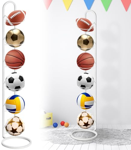 BIZOI 6 Strati Porta Palloni, Rastrelliera da Basket Verticale, Supporto per Palloni da Calcio, Scaffale di Stoccaggio Della Palla Rimovibile Scaffale di Stoccaggio di Attrezzature Sportive (Bianco)
