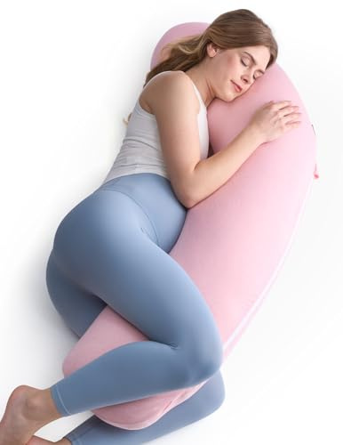 momcozy Cuscino Gravidanza a Forma di J, Cuscino Premaman per Dormire sul Fianco, Body Pillow Morbido con Federa in Jersey di Cotone, Supporto per Testa, Collo e Pancia, Rosa