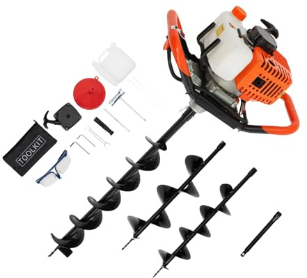 LENJKYYO Tarière thermique 52cc avec 3 forets (10/15/20 cm) + rallonge, Tariere 1,7 kW 2,3 CV, Mèche tarière simple feuille, Outil creuser trou terre pour clôture plantation, 6500-8500 tr/min