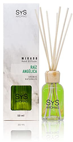 SYS Aromas Ambientador Mikado Raíz Angélica - Difusor con 8 Varillas de Ratán - Larga Duración - Marmol Collection - Ideal para Hogar, Oficina, Baño - 50 ml