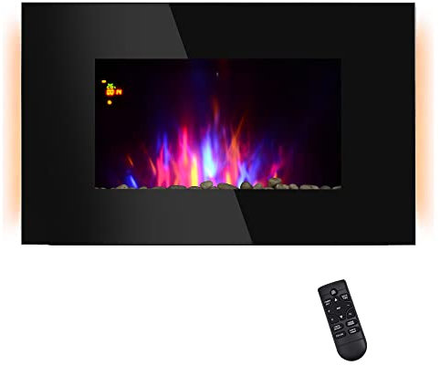 HOMCOM Cheminée électrique Murale LED 7 Effets Flammes + 7 Couleurs Ambiance + Galets télécommande Thermostat 1000-2000 W minuterie Noir