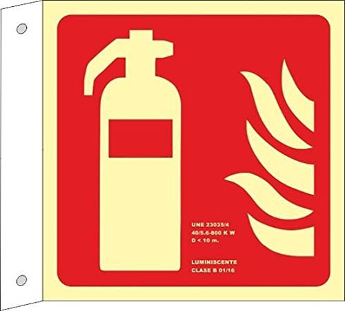 MovilCom® - Señal luminiscente BANDEROLA EXTINTOR PVC 1mm Clase A 210X210mm homologado cumple CTE, RIPCI nueva legislación (ref.A0B701)