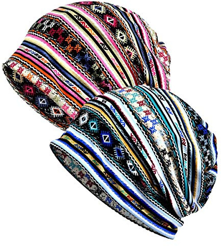 WELROG Chemo Hut Frau Hut Spitzen Kopftuch Super Weich Slouchy Turban Kopfbedeckungen Kopf Wraps(Blue/Pink Geometry)