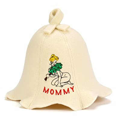 Natural Textile Saunahut 'Sauna Mommy' White Wollfilzmützen - Schützen Sie Ihren Kopf vor Hitze - Englische Sauna E-Book Handbuch inklusiv - mit Stickerei