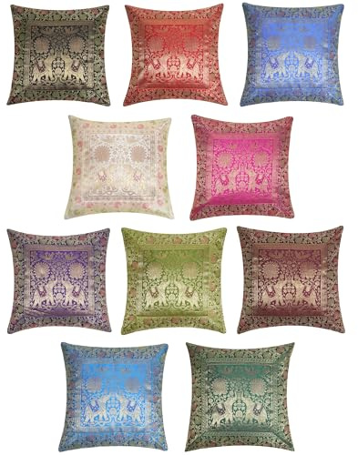 RAJRANG BRINGING RAJASTHAN TO YOU Cubiertas de Almohadas étnicas Juego de 10 Cojines de Acento de Seda Bohemio Cushions Kantha para el hogar Decoración de 16x16 Pulgadas