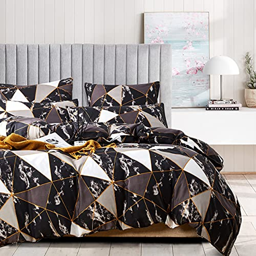 Damier Bettwäsche Marmor 135x200cm Schwarz Weiß Gold Modern Geometrisch Kariert Dreiecke Muster Wendebettwäsche Set 2 Teilig Weiche Mikrofaser Bettbezug mit Reißverschluss und Kopfkissenbezug 80 x 80