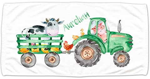 GRAZDesign Kinder Handtuch mit Namen Badetuch für Jungen und Mädchen von 2-10 Jahren Strand 100x50cm, Grüner Trecker mit Tieren - Bauernhof
