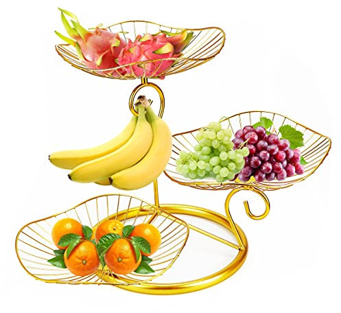 DOERDO 3-Tier Fruit Basket Holder, Decorative Fruit Bowls Stand, Table Countertop Holder for Vegetables Bread Snack, Gold