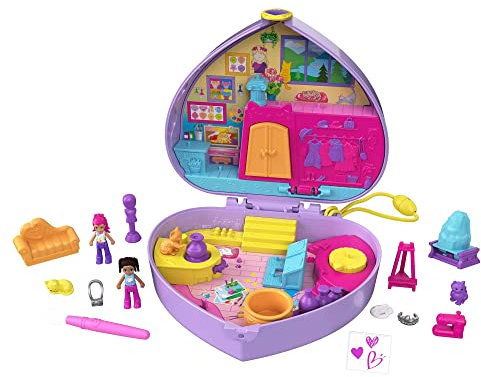Polly Pocket HGT15 - Kunst-Atelier Spielset, Schatulle mit Micro Shani-Puppe und Freundin, inklusive Pinsel und 12 weitere Zubehör-Teilen und Trage-Riemen, Spielzeug für Kinder ab 4 Jahren