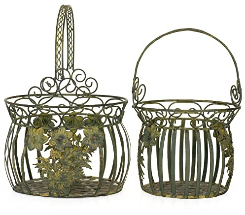 Moritz 2er Set Pflanzkörbe altgrün Blumentopf Landhaus Vintage Deko Garten | Wetterfest, zum Bepflanzen mit Blumen und Kräutern, rustikaler Stil für Balkon, Terrasse und Fensterbank, drinnen wie draußen