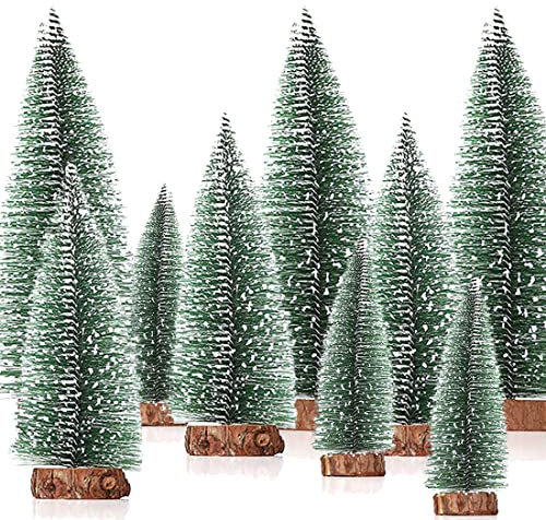 YEAPEAK 9pcs Mini Albero di Natale Verde, 10/15/20 Cm Albero di Natale, Mini Albero di Abete con Effetto Neve, Albero di Natale con Base in Legno, per Decorazioni Natale, Decorare Tavolo, Vetrina