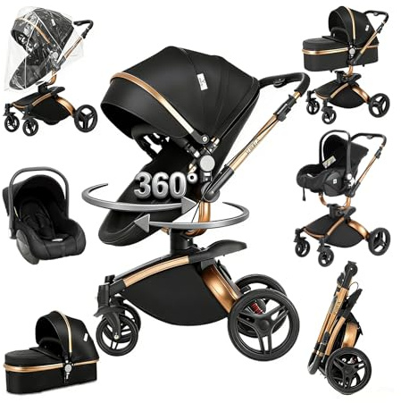 Prokoke PU-Leder Kinderwagen 3 in 1, Kinderwagen Set mit Verstellbarem Sitz 360° Drehung, Kombikinderwagen 3 in 1 Einem Klick Faltbar, Buggy Rahmen Aluminiumlegierung Kleinkind Neugeborene (906 Black)