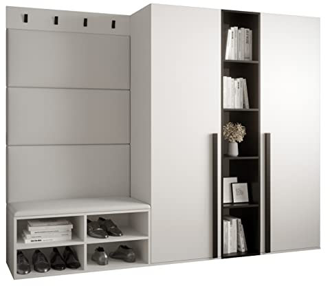 MEBLE KRYSPOL Garderobe MIRO Set 8 mit gepolsterten Paneelen Modern Design (weißes Öko-Leder, Weiß Matt + Schwarz Matt)