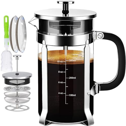 YMMIND French Press Coffee Maker 304 Stainless Steel Coffee Press,with 4 Filters System, Heat Resistant Thickness Borosilicate French Press Glass, BPA-Free Brewed Tea Pot Coffee Plunger(Copper 12oz)