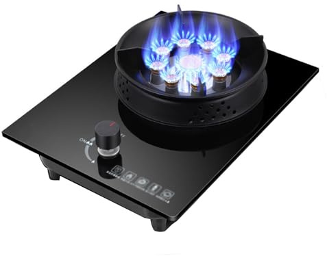 Estufa De Gas, Estufa De Gas De 1 Quemador, Quemador Wok Con Anillo De Fuego De Cámara De 5,2 KW, Encimera De Vidrio Templado Negro For Cocinar, Con Protección Contra Llamas, Adecuada For Cocinas Domé