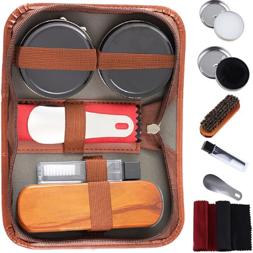 FGXY Set Per La Cura Delle Scarpe, 10 Pezzi, Per La Cura Delle Scarpe, Set Da Viaggio Con Spazzola, Crine Di Cavallo, Crema Per Scarpe, Marrone (7PCS)