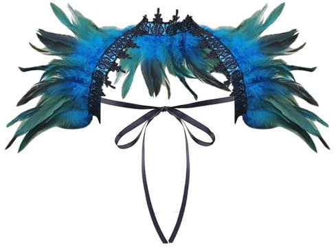 Damen Spitze Federschal Pfau Kostüm Damen Vintage Feder Schal Umhänge Schulterumhang Cape Gothic Federboa Kostüm Vogel Karneval Kostüm Samba Kostüm für Karneval Halloween Maskerade (Light Blue)
