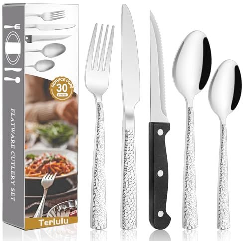 30 Piece Hammered Cutlery Sets with 6 Piece Steak Knives, Stainless Steel 30-Piece Silver Cutlery Flatware Set, Dinnerware Fork Knife Spoon Set Service for 6, Mirror Finished & Dishwasher Safe