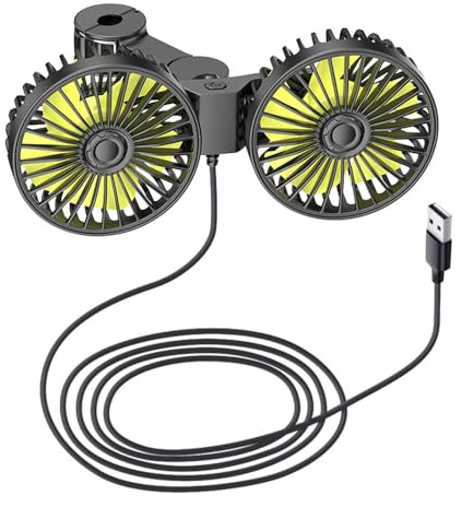 Shkalacar Auto Kühlventilator, Elektrischer Autolüfter mit zwei Köpfen für die Rücksitze, Clip-Montage, USB-betriebener, 360°-Drehung, unterstützt 3 einstellbare Windgeschwindigkeiten für LKW, Van