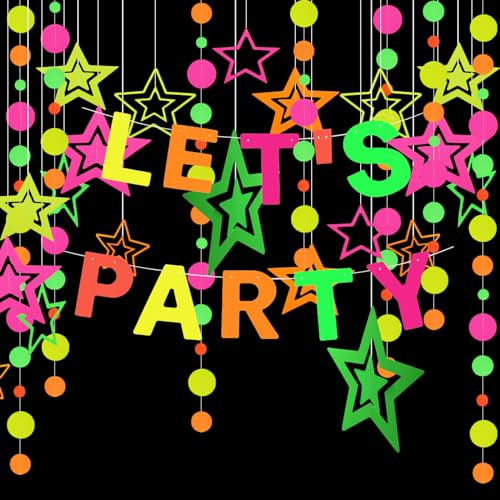 Neon Party Deko - Lets-Party-Papiergirlande | 4,5m Scheiben-Papiergirlande mit 7 Stk fünfzackigen Sternen, Geeignet für Geburtstage, Hochzeiten und Babyparty