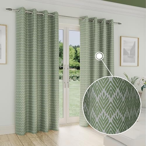 Enhanced Living Aspen Premium Jacquard Leaf Print Eyelet Sage Green Curtains for Living Room - 90x90 inch (229x229 cm) - Noise Reducing, Thermal Curtains for Bedroom - 2 x Curtain Panels