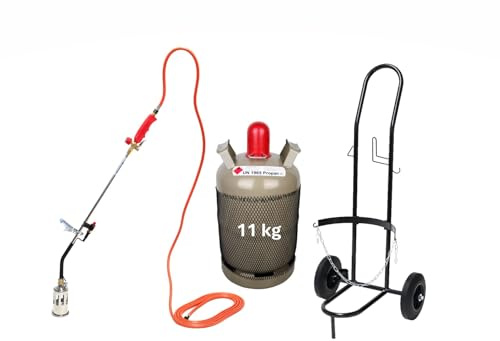 ROTHENBERGER Industrial Abflammgerät Anwärmbrenner Unkrautvernichter PREMIUM Piezo inkl. 5m Gasschlauch mit Transportwagen | Sackkarre und Propangasflasche 11 kg (leer)