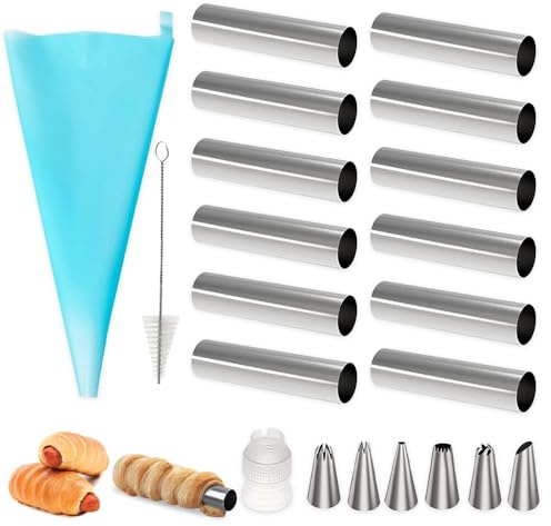 mizikuu 12 Piezas Cannoli Molde Tubos, Moldes Hojaldre de Acero Inoxidable con 9 Accesorios Molde de Croissant de Tubo Juego de Moldes de Cuerno de Crema para Pasteles, Pan, Croissants