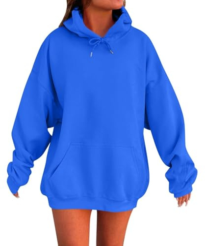 HUIFUAO Huvtröjor för kvinnor överdimensionerad tröja för kvinnor plus size huvtröjor pullover svart långärmad toppar med ficka, Blå #1, XS