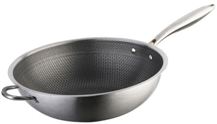 WATIIFUFU Poêle Wok En Acier Inoxydable 34cm Revêtement En Nid D'abeille Poêle à Frire Anti-adhésive Poignée Double Compatible Induction Gaz Et Électrique Ustensile Cuisine Robuste
