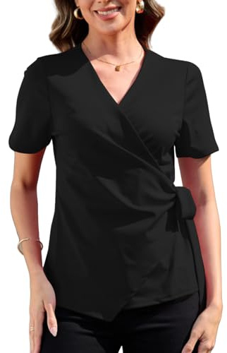 YOUNIFIZ Wrap Tops for Women Short Sleeve Workout 2025 Office Dressy V Neck Ruched Tie Asymmetrical Elegant Peplum Top Blouse Black