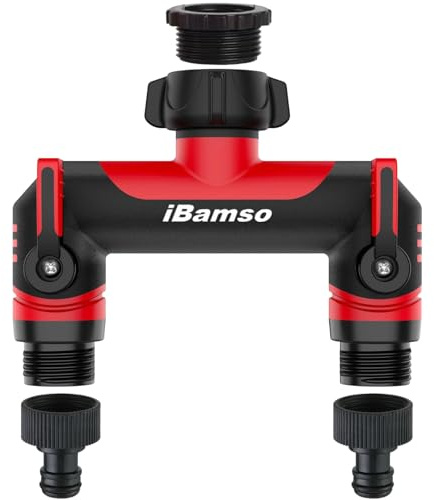 iBamso 2-Wege Verteiler, 3/4 Zoll Wasserverteiler, Schlauchverbinder zum Anschluss 2 Geräten Gartenschlauch Adapter mit Absperrventil Verlängerter MetallGriff, für Garten Bewässerung Wasserhahn-Red