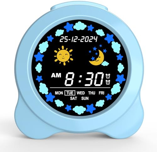 SENXINGYAN Sveglia per Bambini, Display LED Sole & Luna con Giorno e Data, Trainer di Sonno per Bambini con Luce Notturna e Suoni di Sonno, Sveglia Simpatica per Camera Regali per Ragazzi e Ragazze