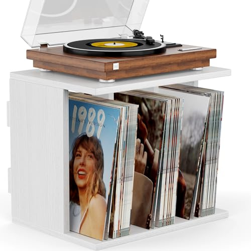 Emfogoo Vinyl Record Storage Wall Mounted Holds 100 LP Albums, 3-Tier Organizer Cabinet with Wall Mount, Wood Record Holder for Living Room Home Decor (White)
