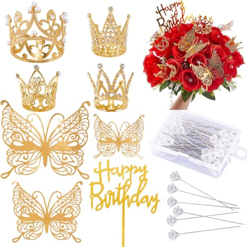 SOFPLATE 1 caja de Ramos de Flores, Kit de Alfileres de Ramillete, Adorno para Tarta, Decoración En 3D, Mariposa, Aleación, Brillante, Reina Real, Mini Coronas de Feliz Cumpleaños para Manualidades, R