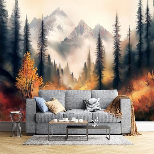 JEDTAKCT Papier Peint Panoramique Aquarelle Forêt 400X280Cm Poster Geant Mural 3D, Tapisserie Photo Peinture Murale, Papier Peint Montagnes D'Automne Fresque Pour Salon Chambre Toile Fond Tv
