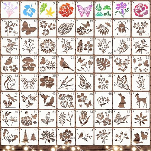 64 Stück Malerei Schablonen Set, Blume Blätter Vogel Zeichnung Malschablonen Tiermalerei Schablone, Kleine Schablonen für kinder Scrapbooking Möbel Deko Wand Fliesen